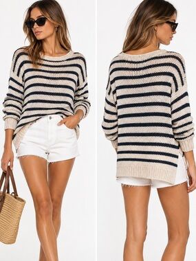 HIHO Tortola BVI Cream Navy Striped Open Knit Sweater Size S